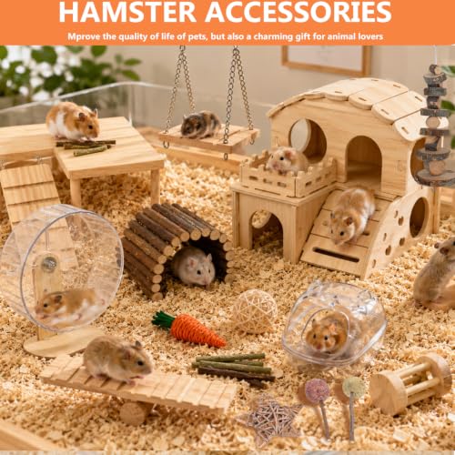 Hamster Cage Accessories & Habitat Set, Wooden Maze House, Adjustable Silent Wheel, Water Bottle Set, Wooden Bench，Sand Bath tub & Chew Toys, 20 Pcs Kit for Dwarf Hamster Gerbil Mouse (Upgrade) - size: Upgrade