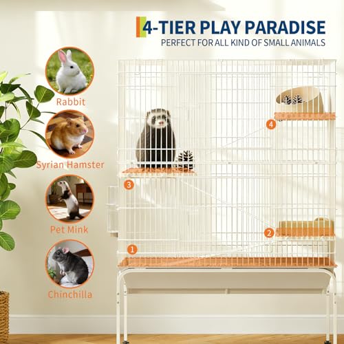 4-Tier Guinea Pig Cage, 55" H Large Nation Cage with Water Bottle, Bowl, Deep Tray, Metal Small Animal Cages On Wheels for Chinchillas, Guinea Pigs, Rabbit, Rat, Sugar Glider - size: 55" H