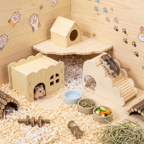 BreezeHug 4 Pcs Hamster Cage Accessories Hamster Platform Hideout Wooden Tunnel Ladder Playhouse Game Climbing Toy with Platform for Pets Dwarf Syrian Mice Degus Gerbils Squirrel(Wave House) - style: Wave House