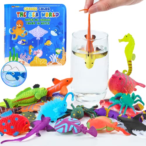 Color Changing No Hole Bath Toys with 2 Glow in The Dark Toys & Bath Book | Bath Toys for Kids Toddlers, Color Changing Squishy Sea Animal Bathtub Toys, Water Table Toys Sea Creatures Fish Toys