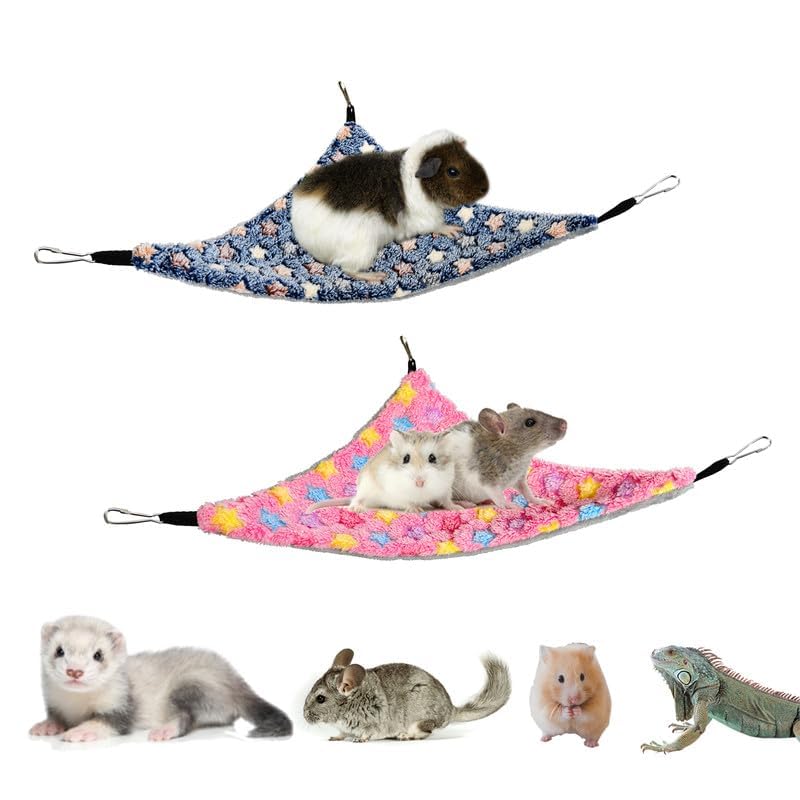 Guinea Pig & Rat Hammocks, Perfect for Pet Critter Cages, 2 Pack | Come with Hooks | Ideal Hanging Hammocks for All Small Animals: Chinchillas, Squirrels, Hamsters. M, PinkStars+BlueStars - color: STPink+Blue, size: Medium