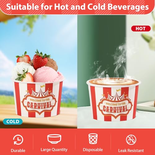 120Pcs 12oz Carnival Theme Ice Cream Cups for Hot or Cold Food | Circus Dessert Bowls Disposable Red White Large Snack Cups for Carnival Birthday Baby Shower Party Supplies - style: Carnival Dessert Cup