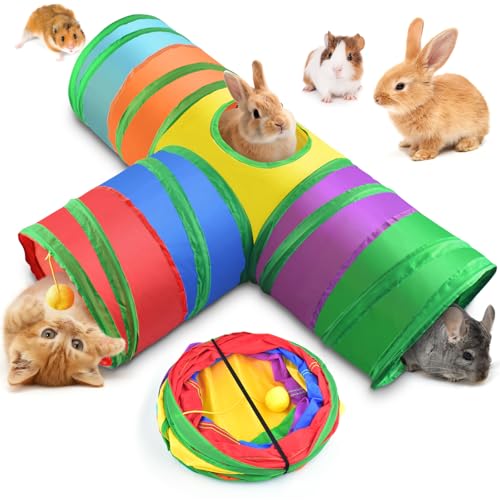 Bissap Rabbit Tunnel, 9.8'' Collapsible Bunny Tunnel and Tube 3 Ways Pet Hideout with 1 Play Ball for Indoor Kittens Dwarf Rabbit Bunny Guinea Pig Chinchilla Small Animal Activity Fun Toy (Rainbow) - color: Rainbow, size: Large
