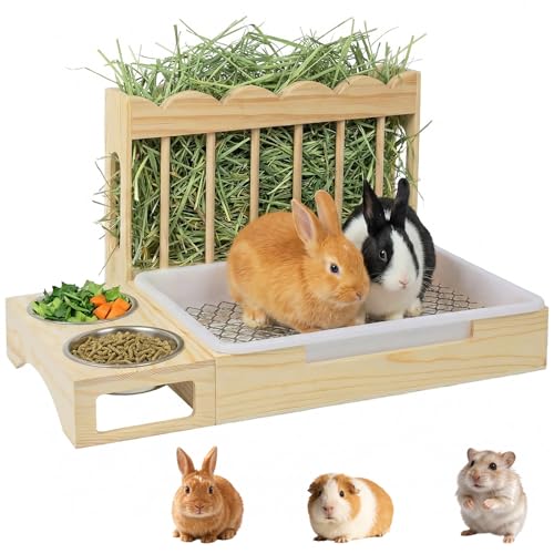 3-in-1 Wooden Rabbit Hay Feeder with Litter Box for Rabbits & Small Pets | Sturdy Wooden Hay Feeder Set for Guinea Pigs, Chinchillas, Hamsters, Ferret and Other Small Animal - size: 21.1"W