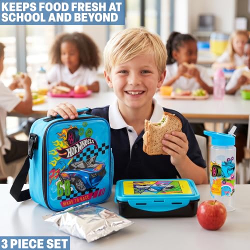 Get Trend Hot Wheels Boys Lunch Box 3Pc Set | Kids Insulated Lunch Bag with BPA-Free Water Bottle and Bento Box, Back to School Gifts for Boys - color: Multicolor Hot Wheels