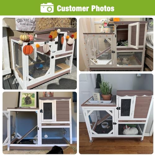 GUTINNEEN Rabbit Hutch Indoor Rabbit Cage with Wheels Outdoor Bunny House 2 Story Guinea Pig Cage with Leakproof Tarp Roof (Brown) - color: Brown