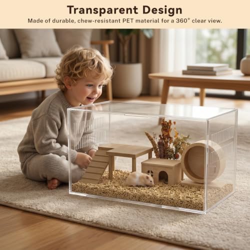 STILLCOVE Transparent Hamster Cage with Platform: 2-Tier Small Animal Cage | Wooden Platform & Ramp, Clear PET Guinea Pig House, Rat Enclosure, Mouse Tank, Pet Habitat for Hedgehog Gerbil Rodent