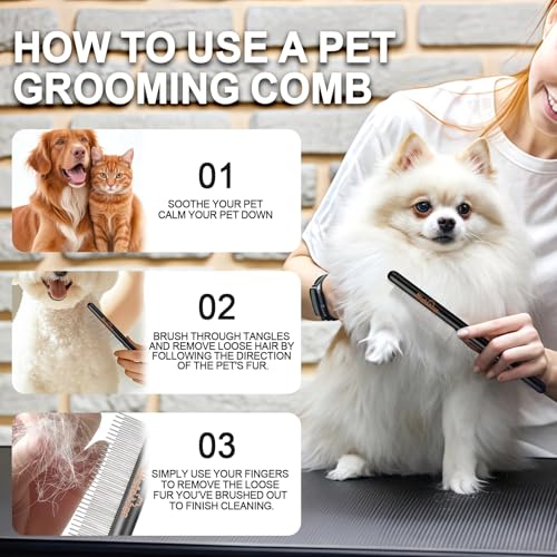 Long&Short Fine Tooth Flea Comb with Wood Handle 7.87in/20cm | Metal Comb Teeth,Pet Flea&Lice Comb,Pet Grooming Tool for Dogs&Cats&Rabbits&Guinea Pig,Remove Loose Hair Tangles Dirt Fleas