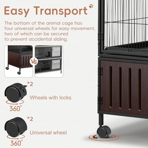 HABUTWAY 36.5''H Metal Large Ferret Cage, Rolling Chinchilla Cage with Removable Ramps& Double Door, with Locker, Small Animal Cage, Rat Indoor Wooden Pet Crate Furniture