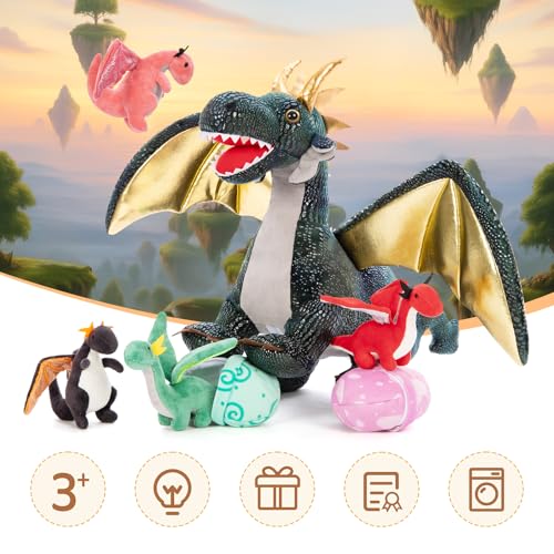 Dragon Plush Toy with 4 Babies, 21.7" Stuffed Animal, Dark Green | 7Pcs Dragon Plush Family; Mommy, 4 Baby Dragons & 2 Eggs; Zipper Belly Pretend Play; Birthday & Christmas Gift for Kids - style: Dragon Dark Green