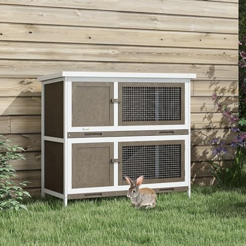 PawHut Wooden Bunny Rabbit Hutch, Small Animal Habitat with Ramp, Removable Tray & Weatherproof Roof, for Rabbits, Chickens, Ducks, Indoor/Outdoor, Brown - color: Brown