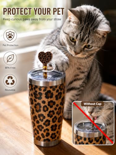 10PCS Set Leopard Straw Cheetah Animal Straws Hard Plastic Reusable Straw and Cleaning Brush Heart Silicone Straw Toppers with Leopard Print Summer Party Supplies (Mixed colors) - color: Mixed colors
