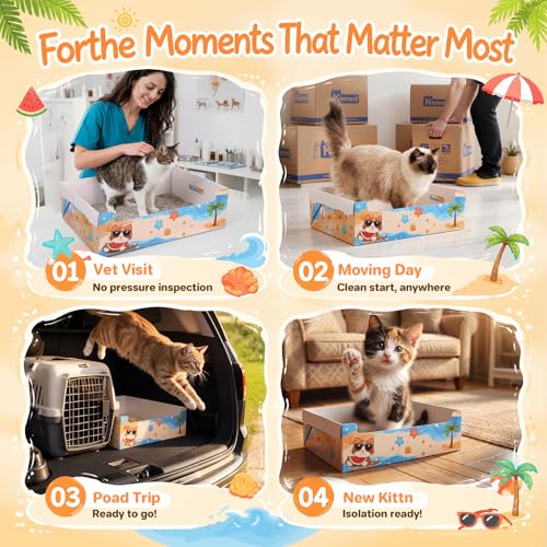 Domensi 10 Pack Travel Litter Box for Cats, Summer Portable Litter Box, Disposable Foldable Waterproof Cardboard Temporary Use Cartoon Cute Beach Theme for Kittens Rabbits Pigs, Gift for Cat Lovers