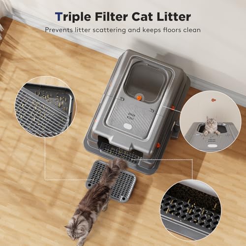 FURTIME XXXL Extra Large Enclosed Stainless Steel Litter Box with Lid | Large Enclosed Cat Litter Box for Big Cats, Metal Cat Box with High Sided Enclosure & Scoop, Grey - color: Grey, size: XXX-Large