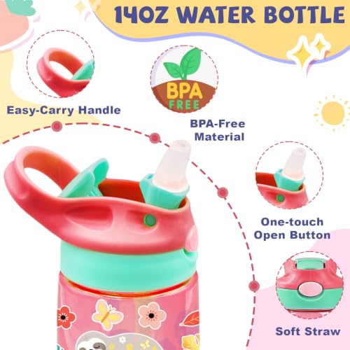 Kids Plastic Water Bottle - Sloth Water Bottle for Kids, 14oz Plastic Water Bottles with Straw Lid, Leakproof BPA-Free Cute Sloth Water Bottles for Home Sports Travel, Pop-Up Straw Cover, Pink - color: Sloth