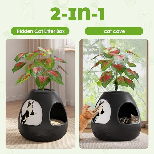 COZIWOW Eggloa6 Plant Litter Box, Hidden Cat Litter Box Enclosure, Odor Removal System, Replaceable Scratching Board, Scoop, Cat House with Cushion ＆ Heating Pad, Artificial Plants (Black) - color: Black