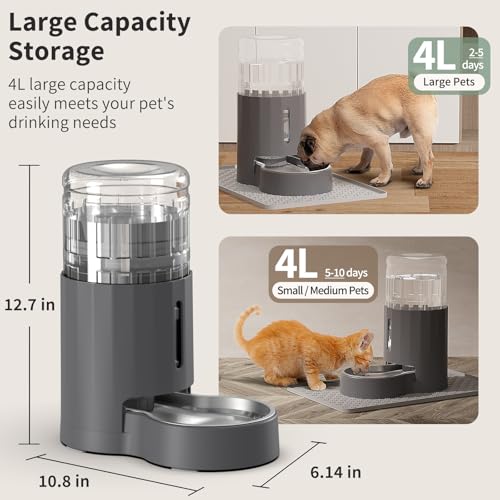 JUNSPOW Cat Water Dispenser with Filter and Stainless Steel Bowl (4L Grey) | Automatic Gravity Water Dispenser for Cats or Small Medium Size Dogs, Large Capacity, Easy to Clean - color: Grey, size: 4L + Filter