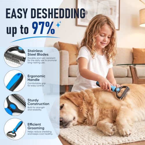 5 in 1 Pet Grooming Kit 5PCS,Large Dog Brush for Goldendoodles Poodles Doodles,Dematting Comb, Metal Comb, Flea Comb, Silicone Bath Brush Pin Haired Brush,Poodle Brushes and Comb（blue）