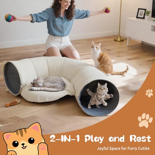 Pawaboo 2-in-1 Cat Tunnel Bed, 8-Shaped Cat Tunnels, Beige | Foldable Cats Cave Hideout Kitty Toys with Fluffy Balls, Donut Tunnel for Kitten Rabbit Ferret - color: Beige, size: 68.9 x 31.5 x 11.8in