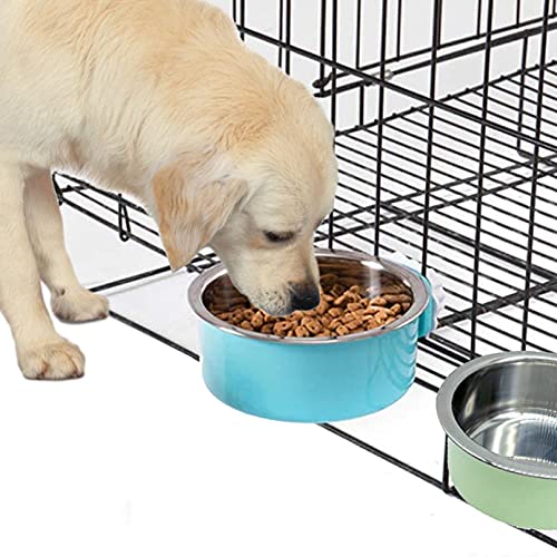Tfwadmx Crate Dog Bowl Cat Removable Stainless Steel Food and Water Feeder Hanging Cage Bowls Coop Cup with Cleaning Set for Pet Puppy Bird Rat Guinea Pig Ferret Bunny Rabbit 2Pcs - color: Light blue, light green (2 PCS)