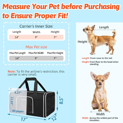 Small Pet Carrier 17"x12"x8.5" with Wheels Airline Approved, Black | for JetBlue/Frontier/Spirit Airlines, Lockable Safety Zippers and Anti-Scratch Mesh, Pets Under 8 lbs - color: Black and Wheeled, size: 17.0"L x 12.0"W x 8.5"H