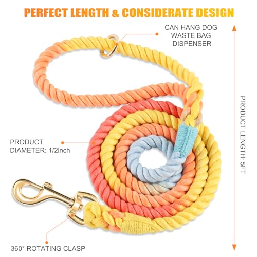 5 FT Handmade Rope Dog Leash for Small Medium and Large Dogs | Soft and Comfortable Grip, New Golden Heavy Duty Metal Clasp, Colorful Rainbow - color: Colorful Rainbow, size: 5FT x 1/2in (Pack of 1)