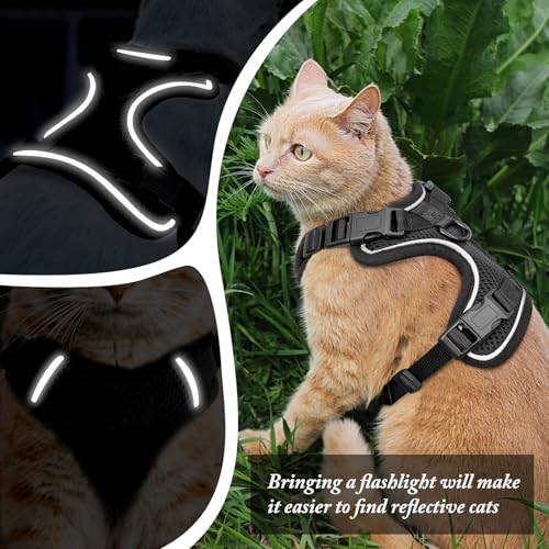 Cat Harness and Leash Set for Walking Escape Proof, Improved Four Place Adjustable Cat Car Harness, Soft Kittens Vest with Reflective Strip for Cats, Comfortable Outdoor Vest, Black, XS - size: X-Small