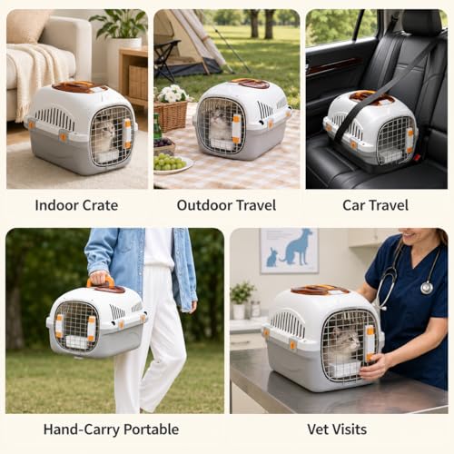 Hard Cat Carrier for Large Cats up to 20 lbs, Top Loading Plastic Pet Travel Kennel with Hard Shell, Metal Wire Door, Roof Petting Hatch and 360 Ventilation,Includes Feather Wand(Gray Set) - color: gray set