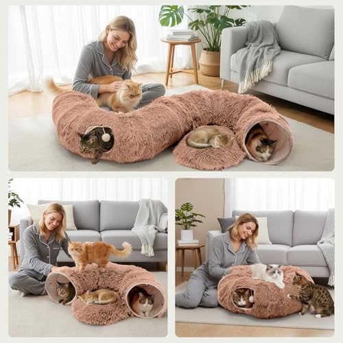 DUMOS Cat Tunnel Bed for Indoor Cats, Cave Donut Play Tunnel, Modern Brown | Soft Plush Peekaboo, Washable Circle Cushion, Multifunctional Playground Under Tree Toys for Kittens, Puppy, Rabbit, Ferret - color: Modern Brown