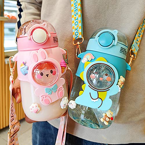 Kawaii Water Bottle Cute Water Bottles with Straw, Kawaii Bear Water Bottle with Adjustable Strap and Stickers - for School Outdoor Travel, BPA-Free, 24oz (Pink Rabbit) - color: Pink Rabbit