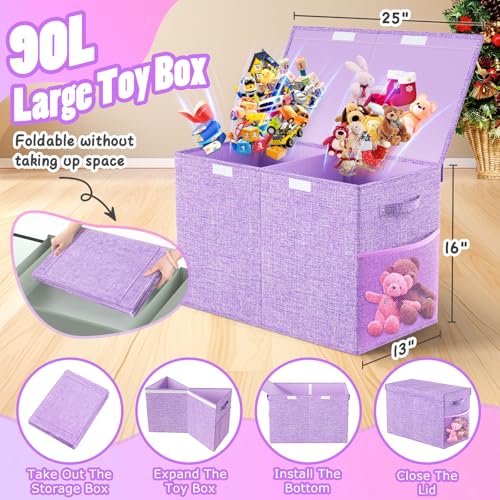 Large Toy Storage Box with Lid, Dividers, Collapsible Kids Toy Chest Purple | Toy Box for Boys, Girls, Nursery, Bedroom, Living Room, Playroom, 25 x 13 x 16 inches - color: Large Purple