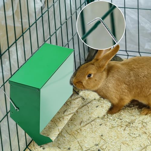 2 Pcs Rabbit Feeder for Cages Small Animal Food Pellet Dispenser with Lid Metal Chicken Grit Oyster Shell Squirrel Feeders Outside(11.8 Inches,Mesh Bottom,Green) - color: Green, size: 11.8 Inches, style: Mesh Bottom