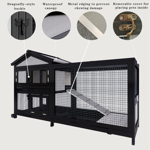 Rabbit Hutch 58" Rabbit Cage Outdoor&Indoor 2-Story Chicken Coop Guinea Pig Cage on Wheels Bunny Cage with 3 Deep No Leakage Pull Out Tray,Waterproof Roof (Black) - size: 58 inch