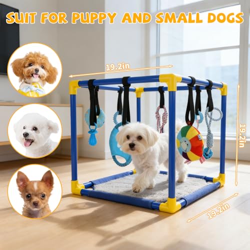 Puppy Play Gym, Dog Activity Center with 8 Hanging Toys, PVC Frame | 8 Enrichment Toys for Busy Play, Soft Mat for Rest, Non-Slip Feet for Stable Play, Adjustable Straps, Cats and Small Pets