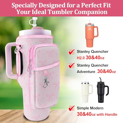 Stanley Carrier Bag for Stanley 40oz/30ozTumbler with Phone with 2 Adjustable Strap,3 Pockets Bottle Stanley Cup Carrier Bag & Case,Accessories for Hiking Travelling - color: Pink Bow