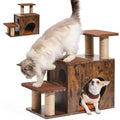 FUKUMARU 3-in-1 Pet Stairs, Retro-style Dog Steps for Cats and Small Dogs, Wooden Cat Stairs for High Bed with Scratching Post, Dog Ramp for Couch with Cat Condo Cave, Easy to Clean & Aesthetic Design - color: Brown