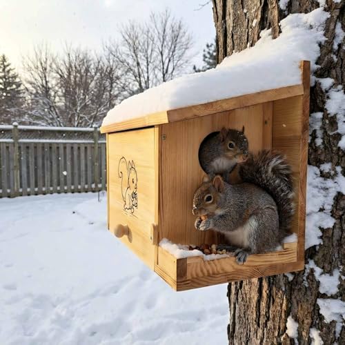 Extra Large Squirrel Houses for Outside 15.7" Outdoor Nest Box with Feeder | Carbonized pine wood, anti-predator design, Mounts on tree or fence. 2-in-1 shelter and feeder for backyard wildlife