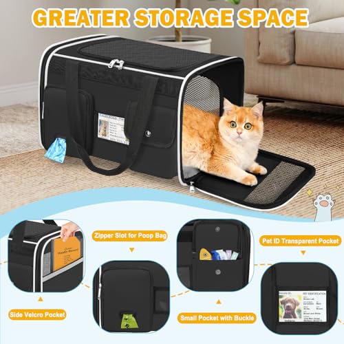 HUANLANG Large Cat Carrier Soft Sided Travel Pet Carrier Airline Approved | Dog Carriers for Small Dogs Medium Cats,Collapsible,3 Storage,zipper lock,Reflective strips,Luggage Strap,Up to 15 Lbs, Black - color: Black 1