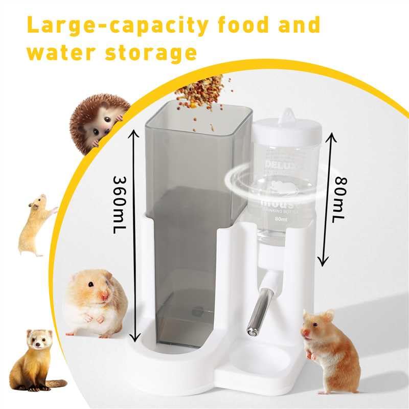 Hamster Water Bottle Standing Water Dispenser No Drip 2 in 1 Large Capacity Small Animal Automatic Food Bowl for Cage Accessories for Hamsters Gerbils Mice (Yellow, 5.91 in X 4.13 in X 4.33 in)