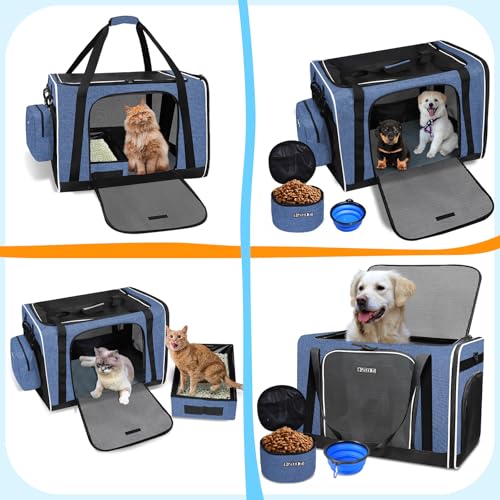 Extra Large Cat Carrier with Litter Box for Car Travel, Blue | 24"L x 17"W x 17"H, Seat Anchors and Lockable Safety Zippers, Collapsible Soft Sided, for 1 Medium-Large Cat or 2 Small Cats