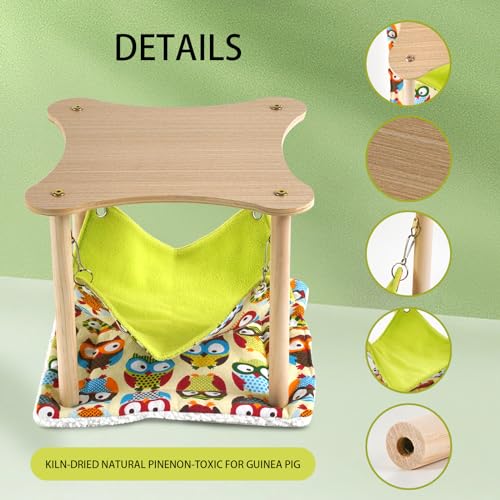 Guinea Pig Hammock with Soft Mat, Wooden Guinea Pig Hideout Toys with Double-Sided Hanging Hammock Bed for Hamster Chinchilla Rat Bunny Ferrets Sleeping Hiding