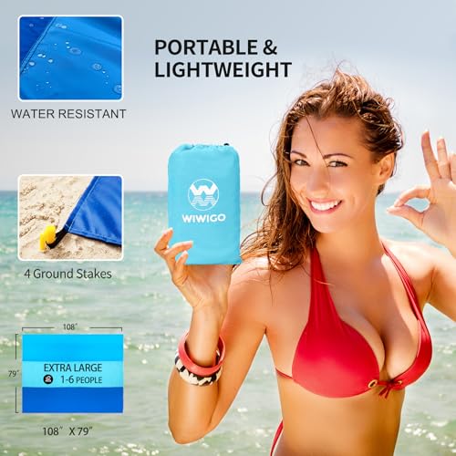 WIWIGO Beach Blanket Mat Waterproof Sandproof for 2-8 Adults Quick Drying | Extra Large, For 2-8 Adults,Windproof, Outdoor Picnic Mat, Beach Accessories Must Have,Gifts, for Travel, Camping, Hiking - color: Bule-striped, size: 79" X 108"（1-6person）