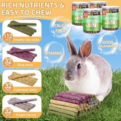 208Pcs Rabbit Chew Sticks, Guinea Pig Toys, Natural Timothy Hay Teeth Stick | Rabbit Bunny Chew Sticks Toys for Teeth Mixing Flowers, Roses, Calendula and Forget Me Not, Small Animals Treats - size: 208Pack-Set