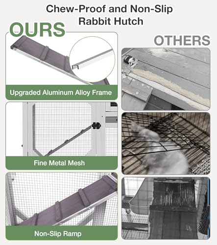 Rabbit Hutch 2-Story Wooden Bunny Cage with 2 Leak-Proof Sliding Trays, Chew-Proof Metal Mesh, Rainproof Cover, Indoor & Outdoor Guinea Pig House with Wheels - Grey - color: 39"L Grey