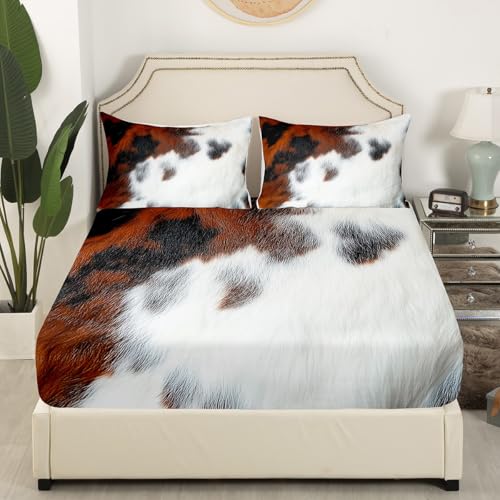 Cowhide Bedding Set for Boys, Cow Print Kawaii Bed Sheets Twin Size Bull Cattle Skin Sheet Set Farmhouse Animal Hair Fitted Sheet-Wildlife Fur Flat Sheet-1 Cowhide Pillow Csae(Black White Brown) - color: Multi 44, size: Twin