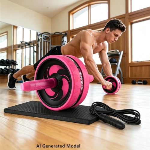 BiJun Ab Roller Wheel for Abs Workout - Complete Home Gym Set with AB Wheel Roller, Knee Mat, and Jump Rope (Pink)
