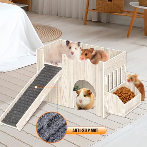 Guinea Pig Hideout House, Wooden Guinea Pig Castle with Feeding Basin, Guinea Pig Toys Accessories for Chinchilla Hamster Hedgehog Bunny