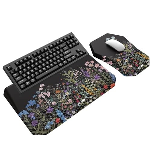 3-in-1 Ergonomic Keyboard Stand with Wrist Rest & Mouse Pad Set, Flower | Comfy Keyboard Riser Holder Soft Mousepad with Massage Design, Memory Foam and Non-Slip PU Base for Pain Relief - color: Black Flower