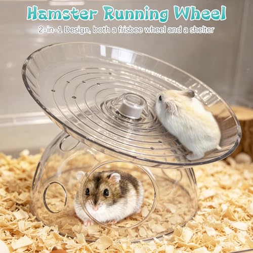 Hamiledyi Hamster Flying Saucer with Hideout House Plastic Hamster Wheel Small Animal Silent Running Wheel Gerbil Exercise Wheel Toy for Mice, Hamster and Other Small Pets (7In, Transparent) - color: Transparent
