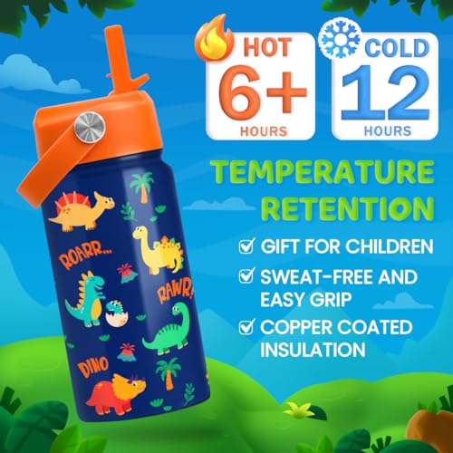 Dinosaur Water Bottle for Boys - Kids Water Bottle with Straw Lid - 12 Oz Insulated Stainless Steel Water Bottles for Kid - Travel Cup for School Sports - color: Dinosaur 2